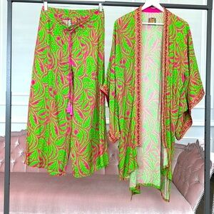 DESIGNER SET SIZE M Green Leaf Print Midi Viscose Kimono with Embroidery…